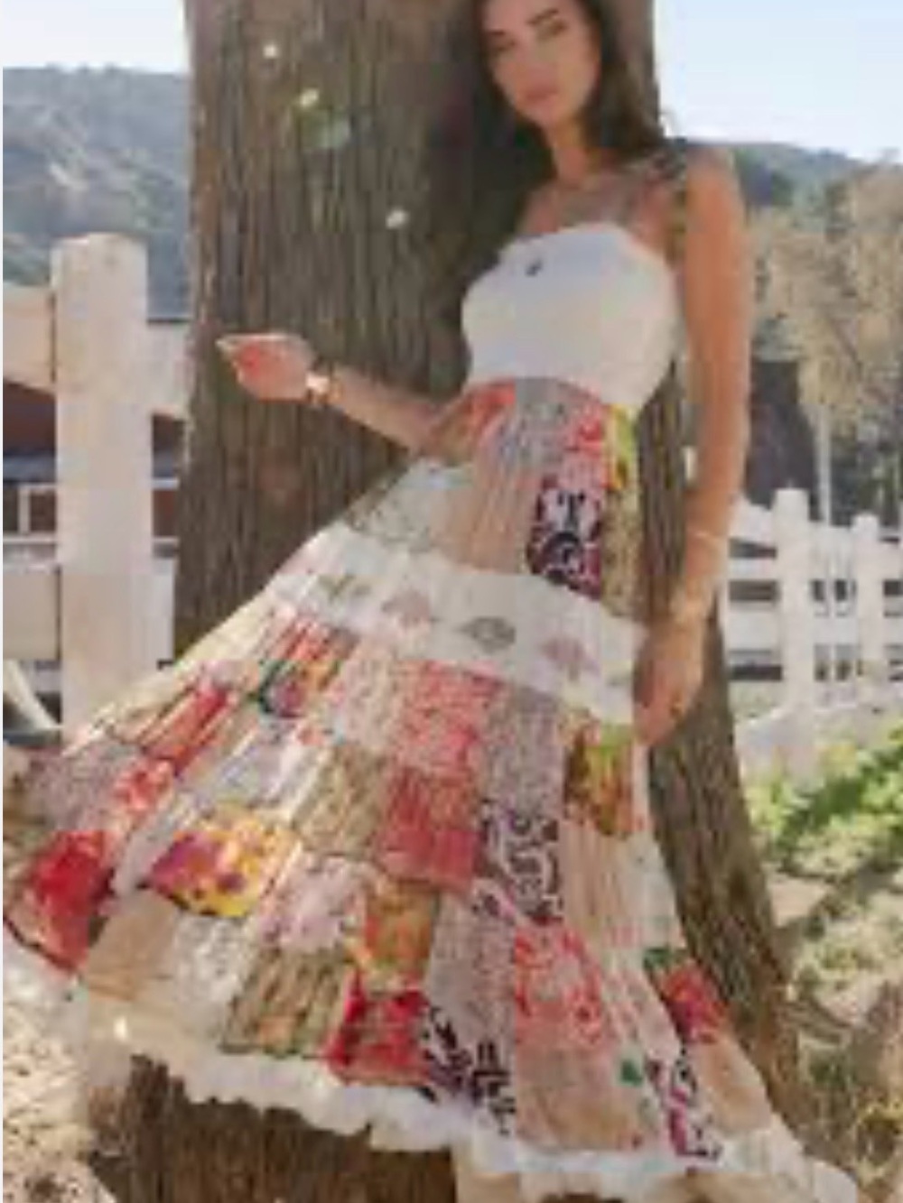 K159 Young Threads Sz S Smocked Bodice Patchwork Maxi Dress Pockets Lined NWT - Picture 5 of 16